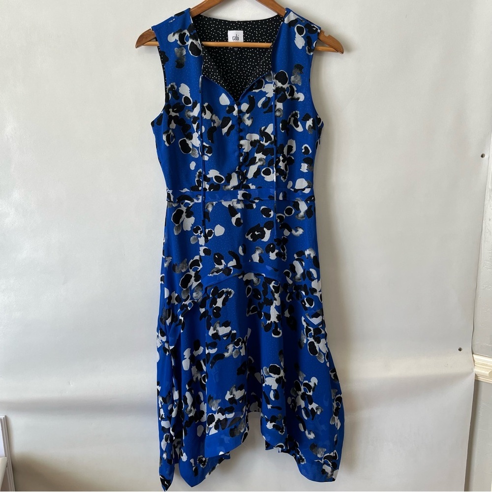 CAbi Untamed Blue Black Floral Asymmetrical Hem Dress 5576